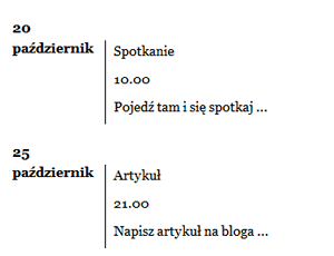 Lista definicji jako kalendarz